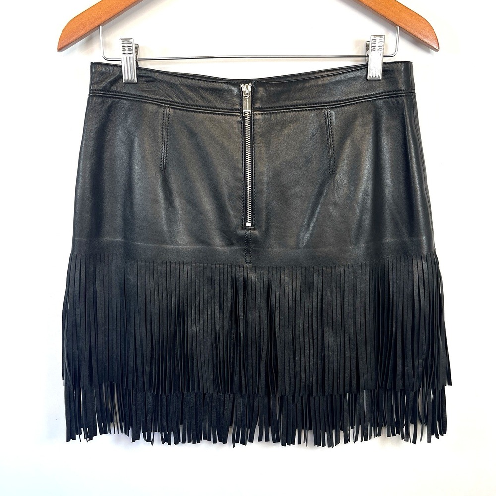 Michael Kors Womens 100% Leather Fringe Mini Skirt Size 6 Black Festival Western